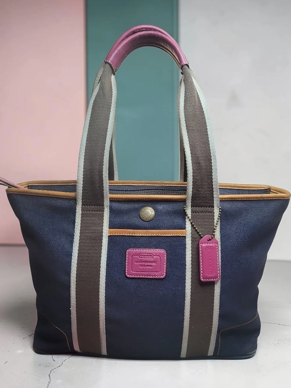 COACH Hampton Denim Blue Pink Leather Tote Bag 2004 Great Condition